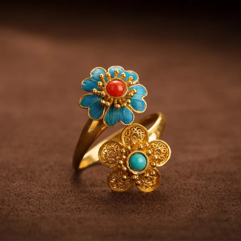 Gamtos pietų raudonas turmalinas gėlių atidaryti žiedas Kinijos retro stiliaus rūmai unikalus senovės aukso amatų prabangūs moteriški papuošalai