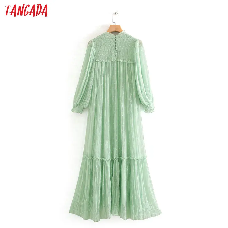 Tangada mada moterims, šviesiai žalia akių maxi suknelė ilgomis rankovėmis atgal mygtukai ponios taškų siuvinėjimo suknelė vestidos 2W128