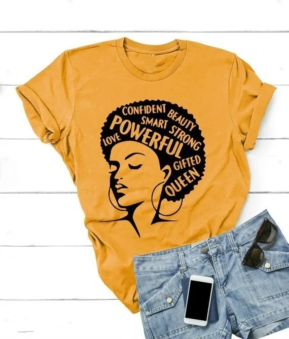 Afro Lady Marškinėliai Moterims Feminizmo Tee Mergina Galia Marškinėlius Vasaros Mados T-shirt Įkvepiantys Žodžiai, Raidės Spausdinimo Medvilnės-J731
