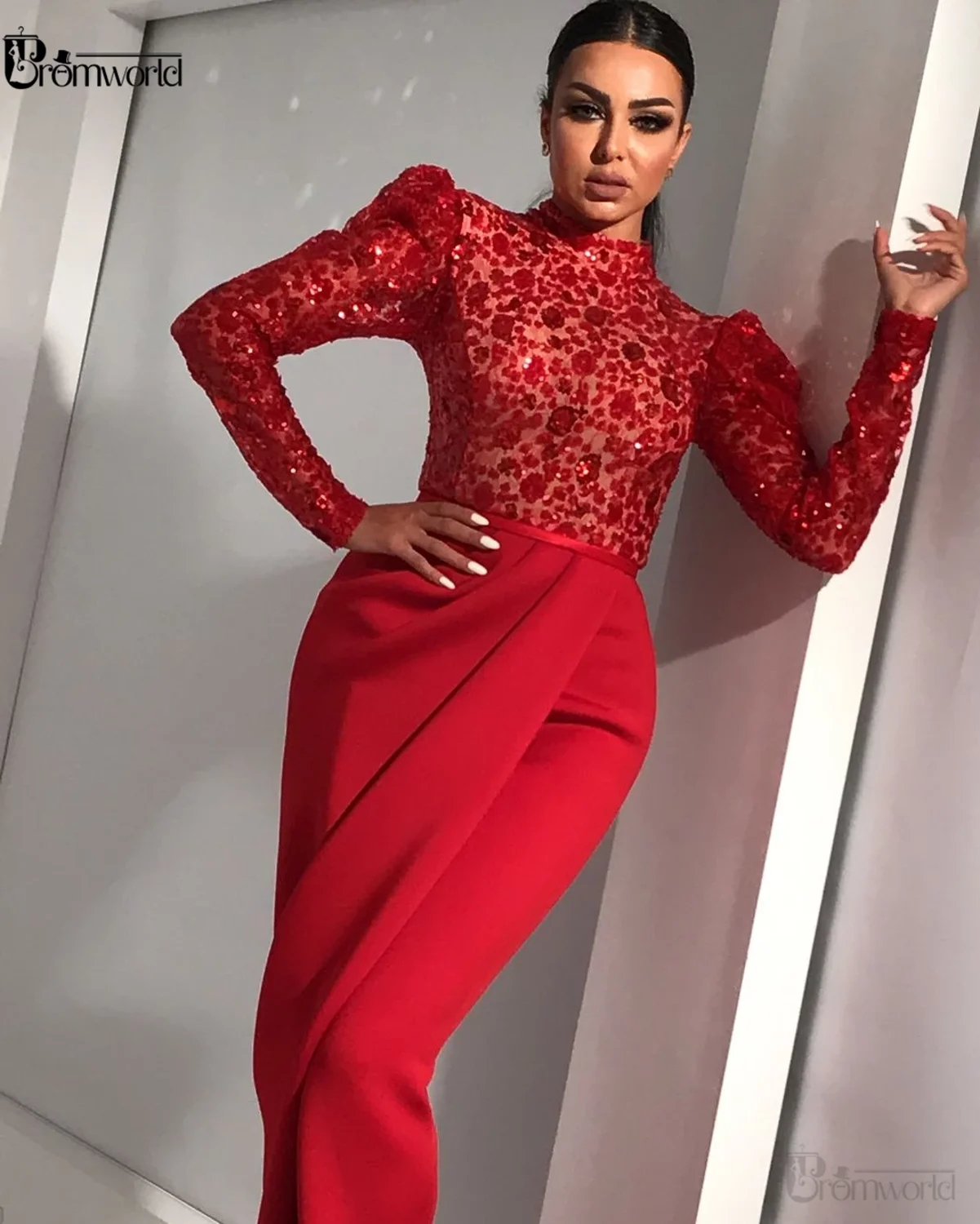 Ilgomis Rankovėmis Raudona Undinėlės Vakaro Suknelės Ilgai 2020 M. Aukštos Kaklo Sparkle Satino Elegantiškas Vakare Gown Arabų Moterų Oficialų Suknelė