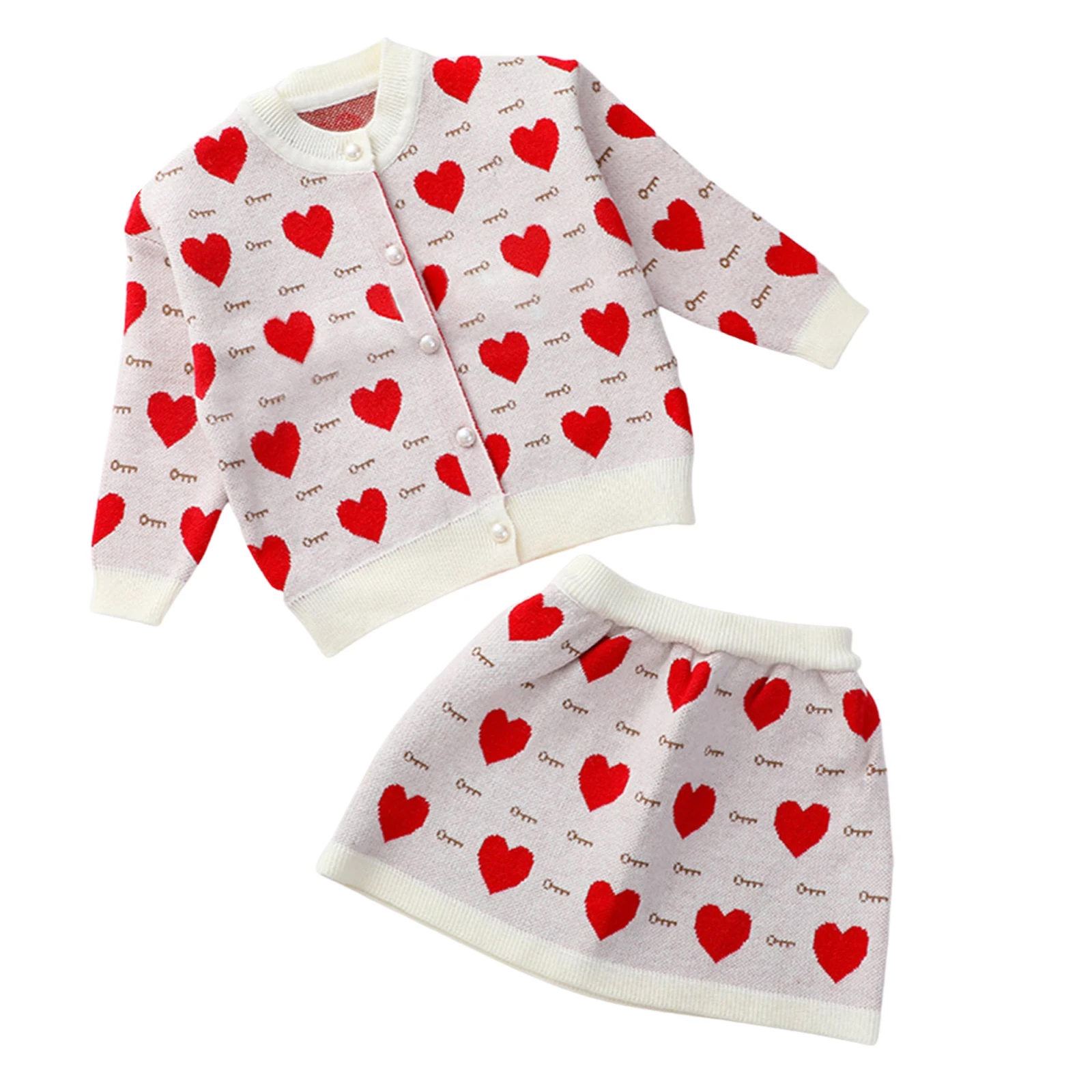 2VNT Bamblys Kūdikių Mergaičių Rudenį Drabužius ilgomis Rankovėmis Širdies Spausdinti Cardigan megztinis Mini Sijonai puikus Rinkinys Valentino Dieną