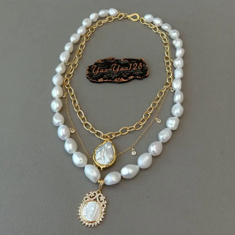Gėlavandenių Baltųjų Baroko Perlas Grandinės Sluoksniuotos Perlų Karoliai Mop Žavesio
