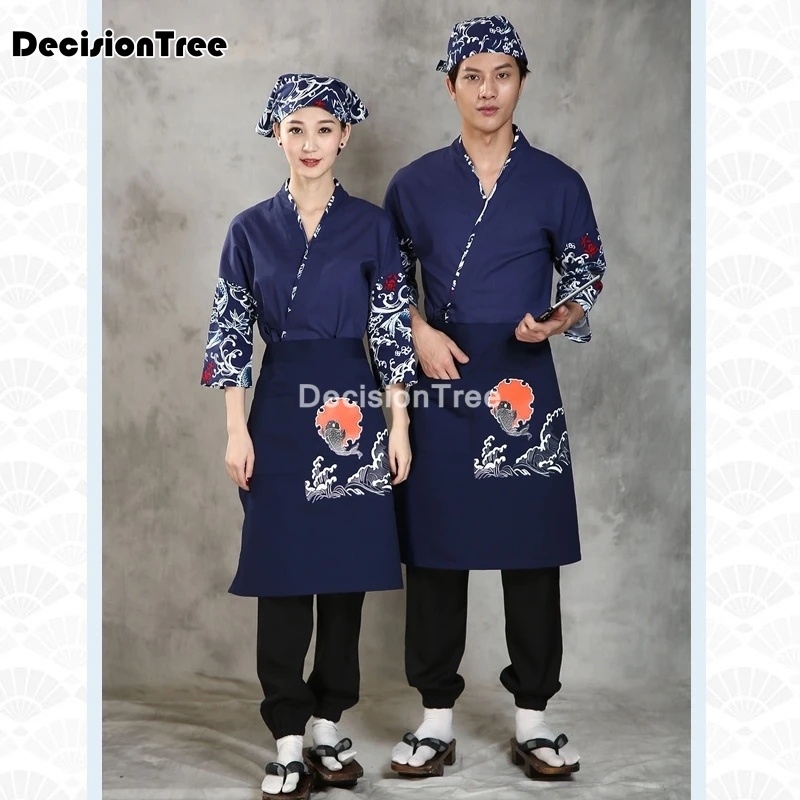 2021 unisex japonijos korėja stiliaus vidutinio rankovės virėjas vienodas kimono padavėjo darbo drabužiai virėja sushi restoranas petnešomis