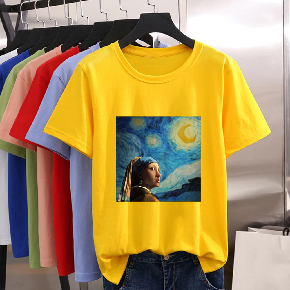 Gražus Universalus Moterų Nauja, T-shirt Van Gogho tapybai Spausdinimo Moterų marškiniai Harajuku Atsitiktinis Palaidų O-kaklo Spalvotų Marškinėlius