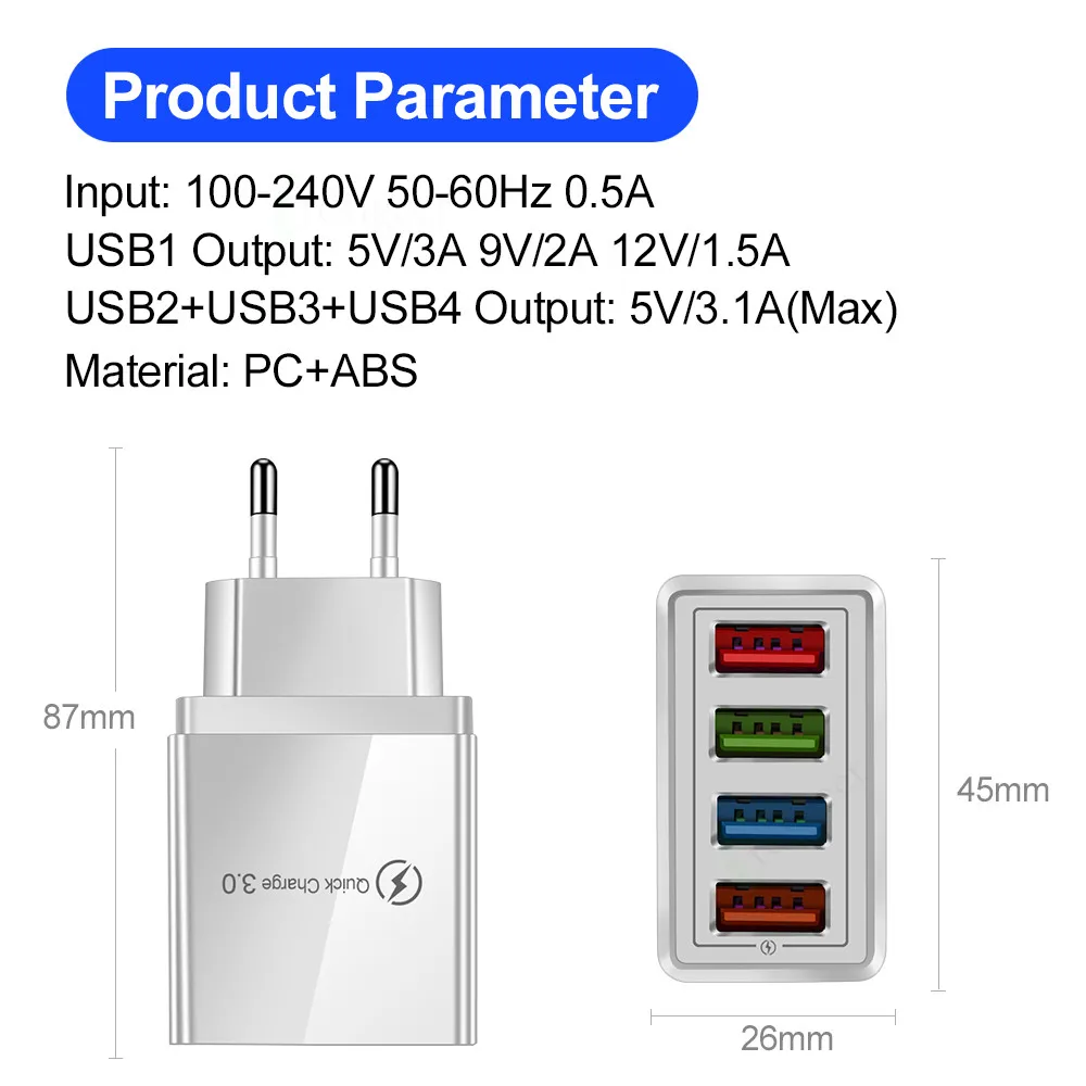 Greitai Įkraukite 3.0 4-Poart USB Greitas Įkroviklis QC3.0 MUMS/ES Telefono Įkroviklio iPhone11 7 8 Samsung 