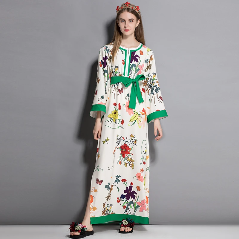 Didmeninė Mados Spalvų Kratinys Suknelės Gėlių Spausdinti Diržas Laisvas Ilgas Etninės Europos White Plus Size Padalinta Suknelė