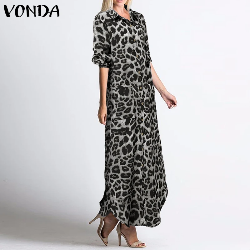 Marškinėliai Maxi Ilga Suknelė 2021 VONDA Leopardas Spausdinti Suknelė Moterims Derliaus ilgomis Rankovėmis Sundress išjunk Kaklo Plus Size Vestidos 5XL