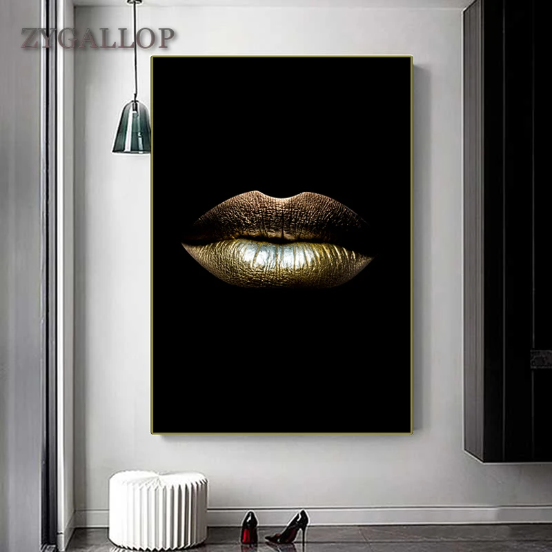 ZYGALLOP Seksuali Moteris Black Gold Lūpų Mados Plakatas ir Spausdina Šviesos Prabangos Stiliaus Namų Dekoras Drobė, Tapyba Gyvenimo Kambario Sienos Menas