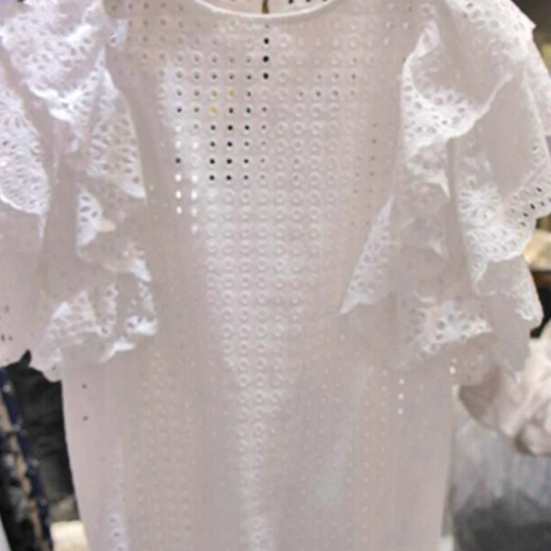 Trumpas Rankovės Marškinėliai Moteriška Elegantiškas Ruffles Tuščiaviduriai Iš Kratinys Palaidinė Moterims Vasaros 2019 Mados Balta Rausva Viršūnės