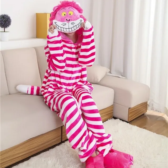 Rožinė Cheshire Cat Žiemos Pižama Gyvūnų Vienas Gabalas Unisex Pajama Onesies Cute Kačių pijama Sleepwear WarmSoft onsie