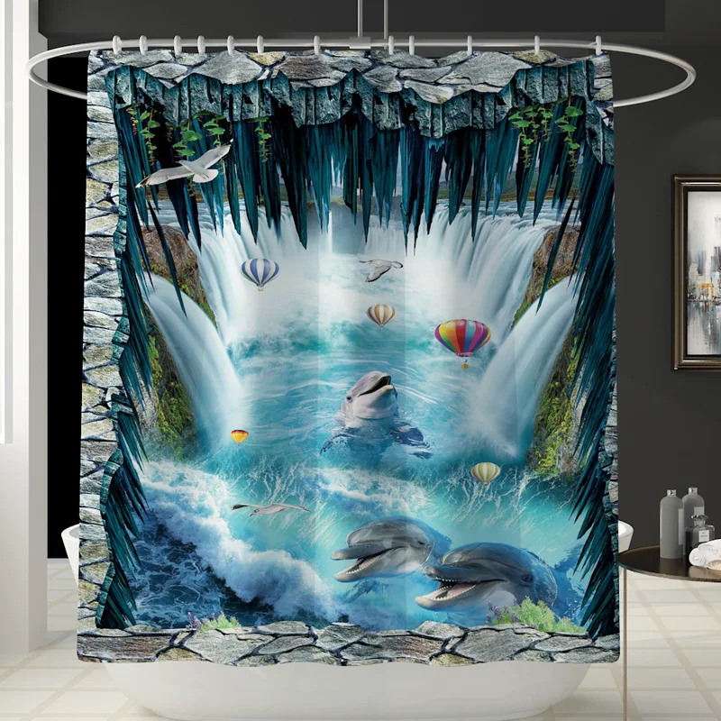 3D Delfinų kiliminė danga, Vonios kambarys Dušo Užuolaidos Vonios Kilimėlis Nustatyti Vandeniui Vonios Užuolaidų Minkšta Flanelė Dušas Kilimėlis, klozeto Dangtis Kilimėlis