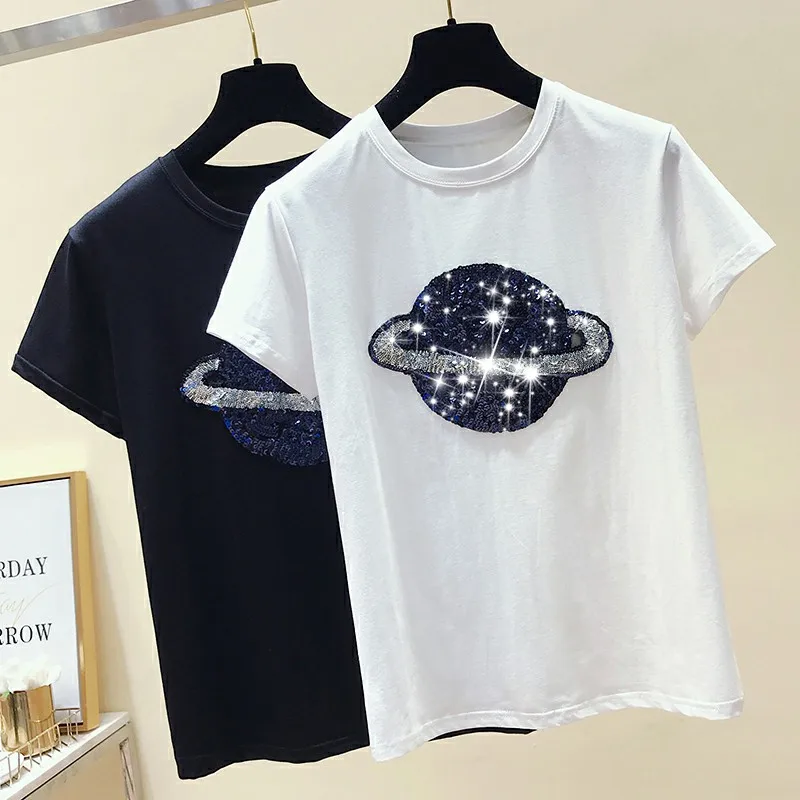 Išsiuvinėti Blizgučiai Medvilnės trumpomis Rankovėmis T-shirt Moterų Planeta Atsitiktinis Palaidų Viršūnės Juodos Baltos spalvos Marškinėlius, O Kaklo Mados korėjos Marškinėliai