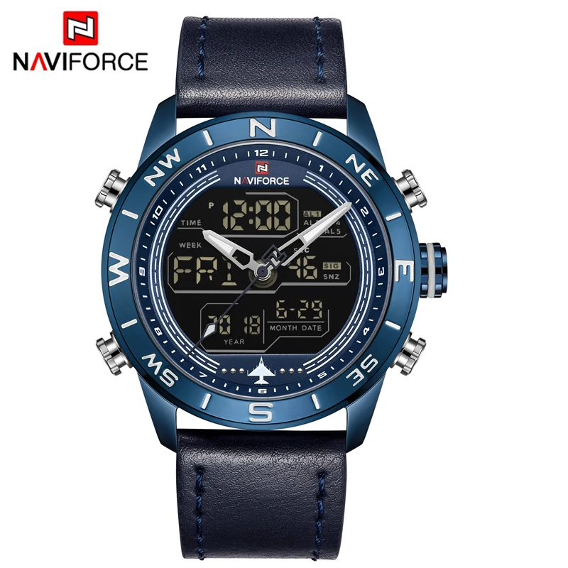 NAVIFORCE 9144 Mados Blue Men Sporto Laikrodžiai Mens LED Analoginis Skaitmeninis Žiūrėti Kariuomenės Karinių Odos Kvarco Žiūrėti Relogio Masculin