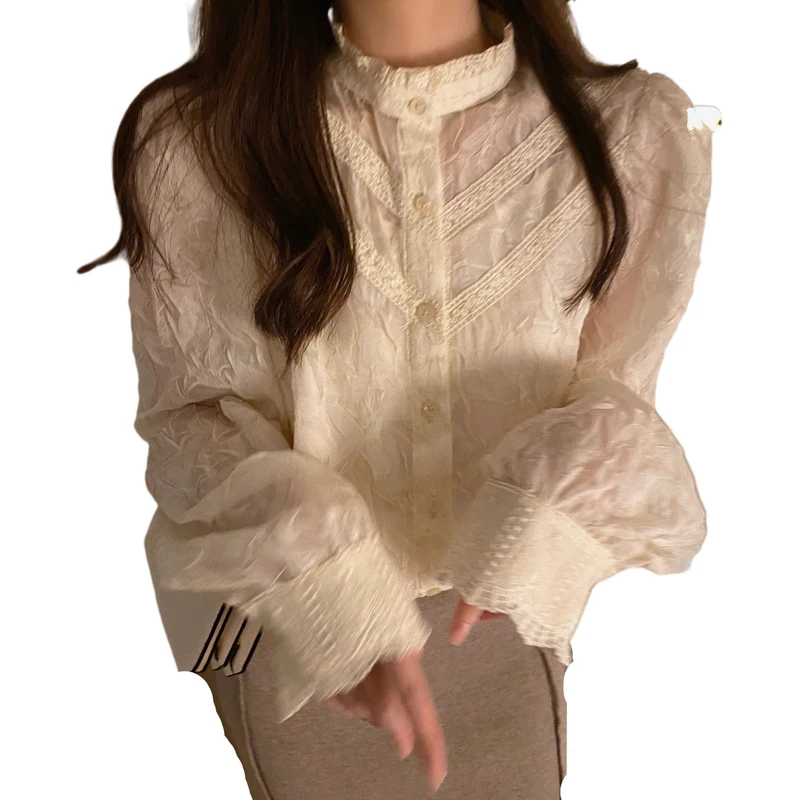 Moteriški Viršūnes ir Palaidinės korėjos Stiliaus 2021 M. Pavasarį Saldus Derliaus Šuo-Rankovės Elegantiškas Nėrinių Marškinėliai Moterims Mygtuką 