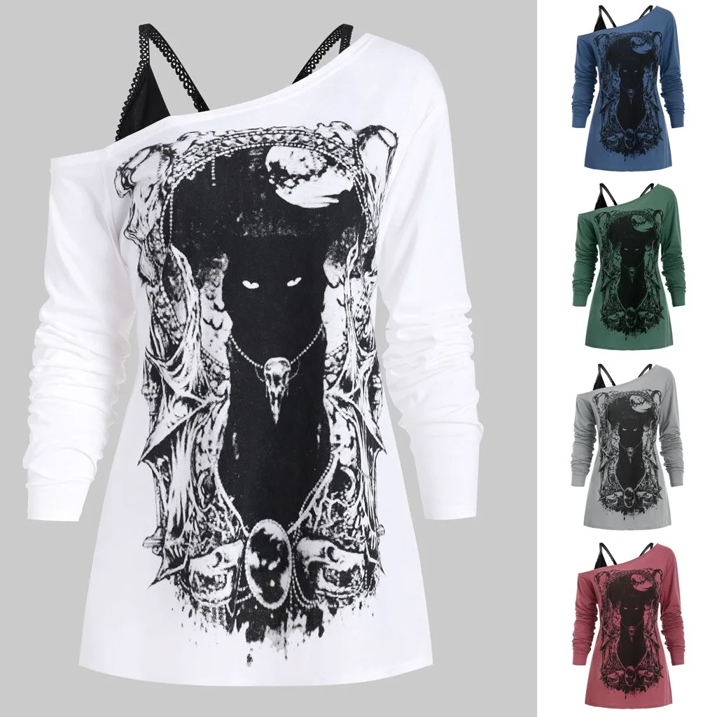 CHAMSGEND Retro spausdinti gotikos marškinėliai moterims ilgomis Rankovėmis kratinys marškinėliai femme Camisetas ponios Atsitiktinis Viršūnes tees Blusas mujer #4z