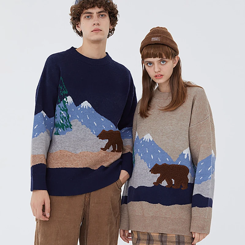 Vyrai Lokys Siuvinėjimo Megztiniai Streetwear 2020 M. Žiemos Unisex Derliaus Pora Kratinys Trikotažas Moterims, Negabaritinių Megztinis (Puloveris)