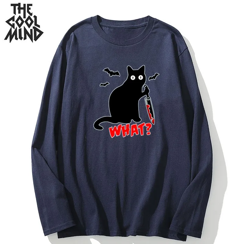 COOLMIND medvilnės ilgomis rankovėmis peilis katė vyrų marškinėliai atsitiktinis juoda katė, o-kaklo laisvi vyrai marškinėlius prarasti t-shirt vyrai tee marškinėliai