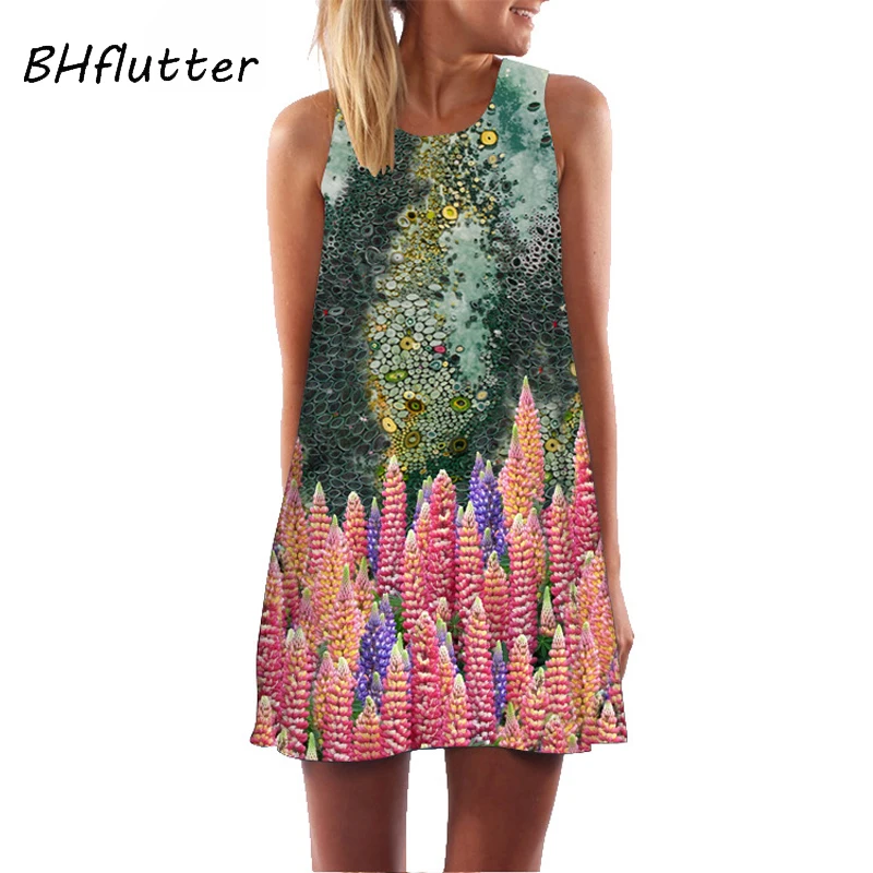 BHflutter 3D Skaitmeninio Gėlių Spausdinti Suknelė Moterims, Naują Atvykimo Atsitiktinis Palaidų Vasaros Suknelė 2019 Mini Black Šifono Šalis Suknelė Vestidos