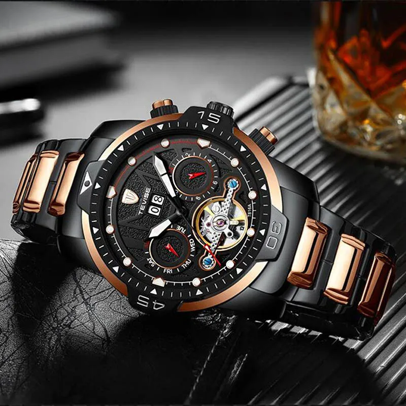 TEVISE Prabangos Prekės ženklo Vyrai Sporto Laikrodžiai, Aukso Full Steel Tourbillon Mechaninis laikrodis Vyrams, Datą, Savaitę Vandeniui Karinės Laikrodis NAUJAS