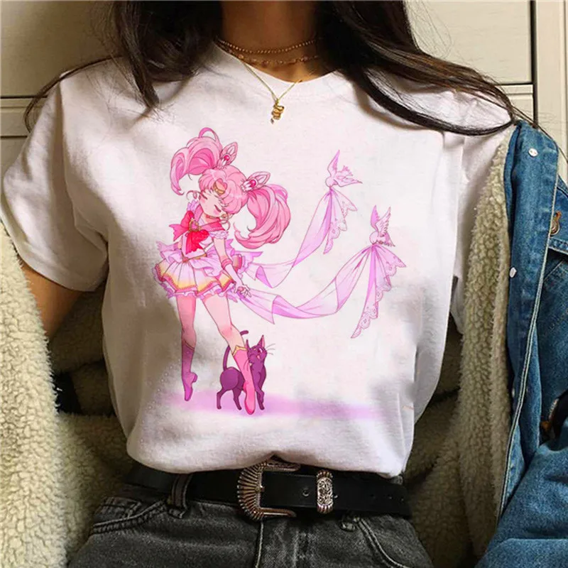 Naujas Atvykimo Balta Vasaros Sailor Moon Marškinėliai Moterims trumpomis Rankovėmis Įdomus Ulzzang T-Shirt Cute Kačių Marškinėlius Moterims Mergina Drabužius Dovana