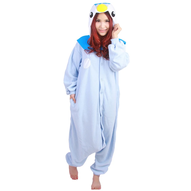 Anime Pocket Monstras Piplup Pižama Homewear Mėlyna Pingvinas Kasdien Namuose Sleepwear Unisex Onesies Drabužius, Fleece Šilti Suaugusiųjų Jumpsuits
