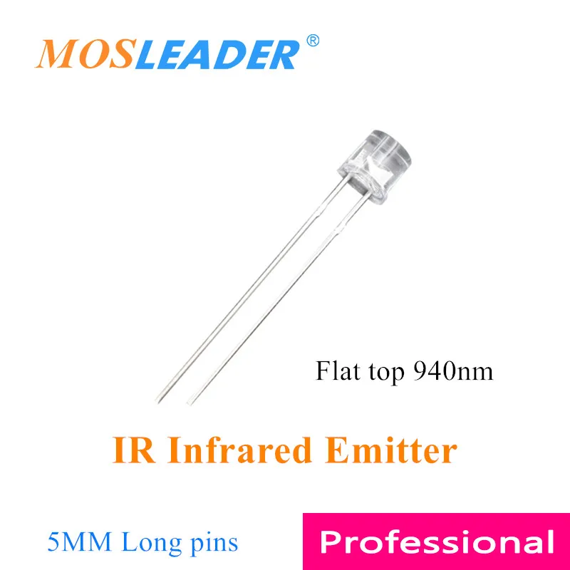 Mosleader 1000pcs 5mm Flat top LED IR Infraraudonųjų spindulių Siųstuvą diodai 940nm, F5 Skaidri Viršų butas Ilgas smeigtukai