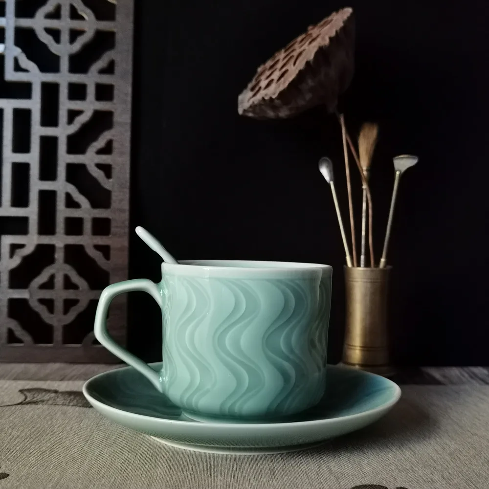 Kavos Puodelis 8.5 oz Teacup ir Lėkštė Nustatyti 250ml Porceliano Drinkware Mikrobangų krosnelėje ir plauti Indaplovėje keramikinis Puodelis Kinų Stiliaus, spalvos jūros vandens