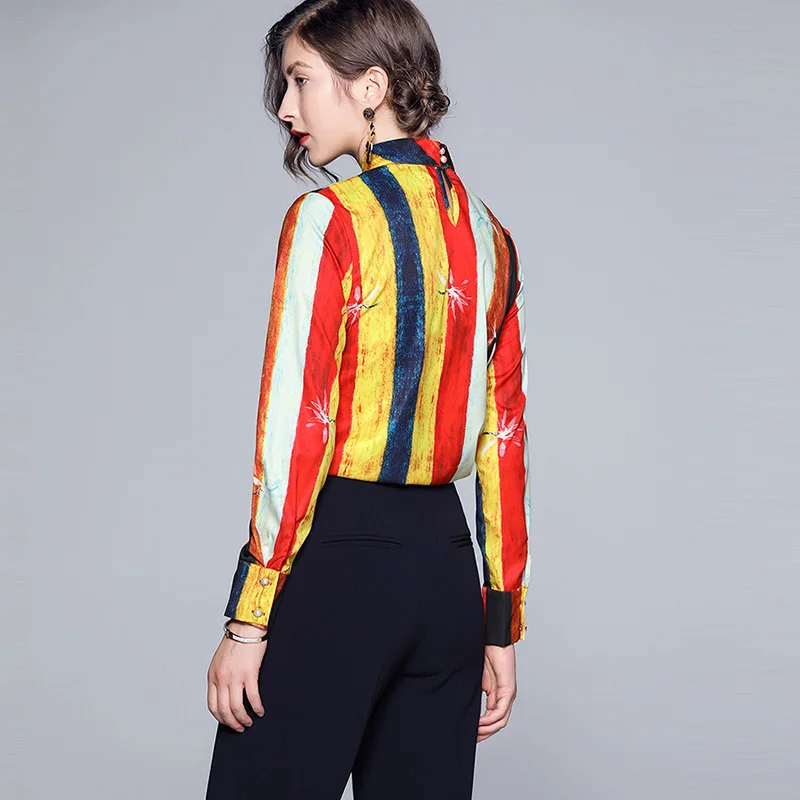 Willstage moterų stripe marškinėliai ilgomis rankovėmis atspausdintas marškinėliai su aukšta apykakle Elegantiška palaidinė spalvinga 2020 m. Rudenį moterų drabužiai