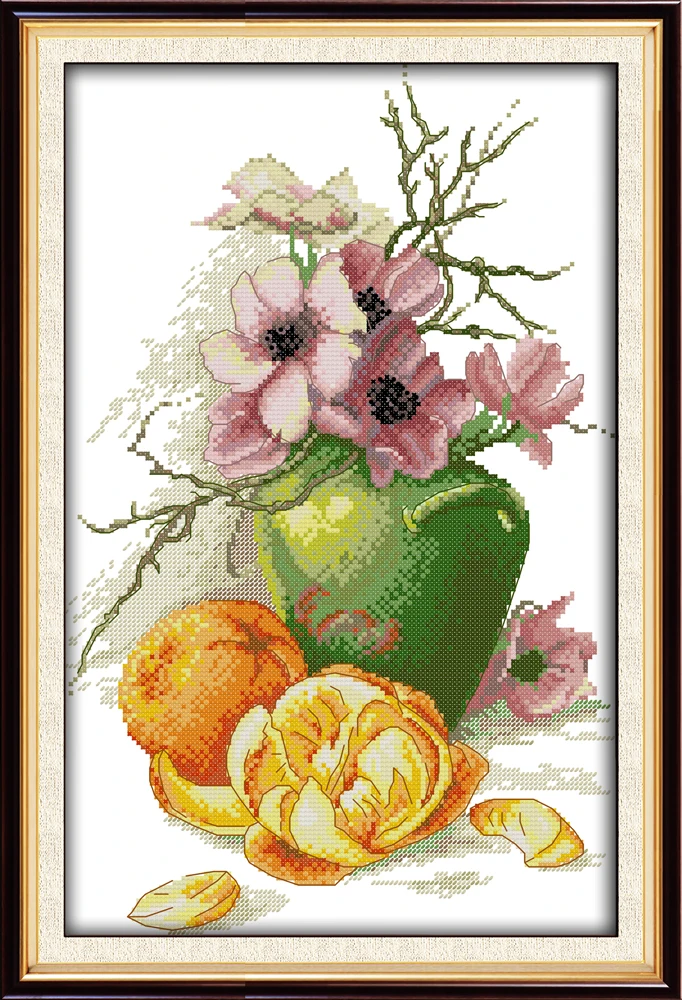 Hibiscus vaza ir apelsinai kryželiu rinkinys, aida 14ct 11ct skaičius atspausdinta drobė siūlių siuvinėjimui 