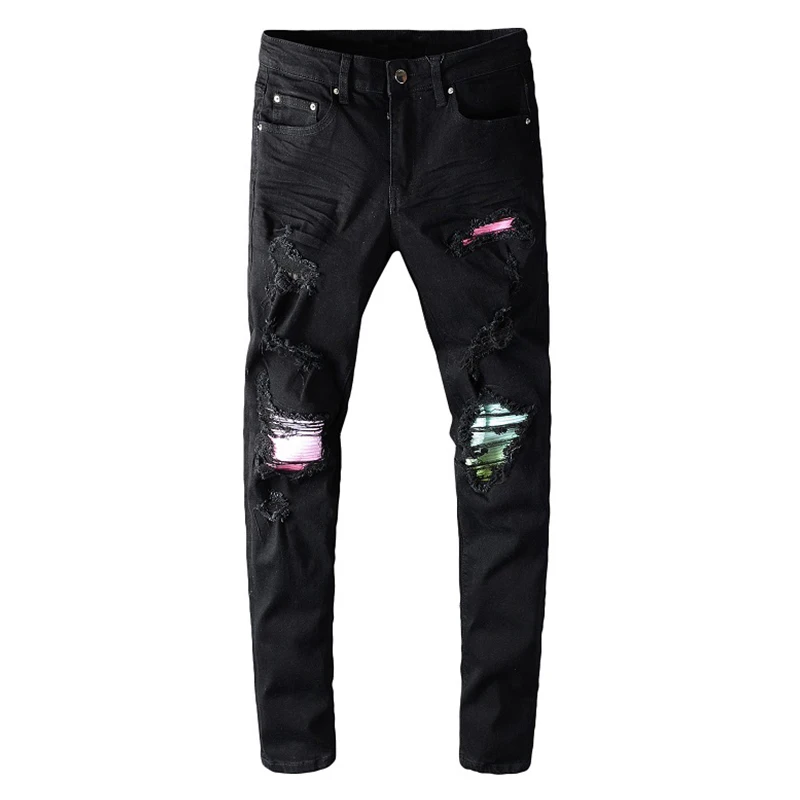 Vyriški spalvos klostuotas kratinys juoda dviratininkas džinsai Streetwear plonas liesas kankina ruožas džinsinio audinio kelnės