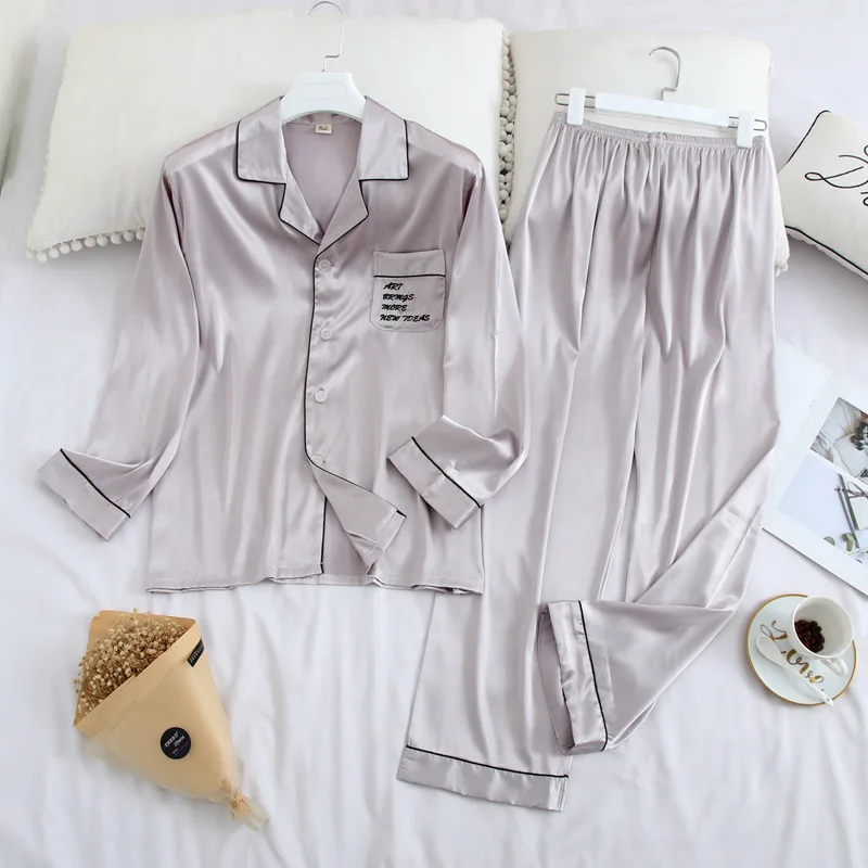 Fiklyc apatiniai marškiniai ilgomis rankovėmis & kelnes pavasario moterų raidžių apdailos miela pižama rinkiniai dirbtiniais šilko laisvalaikio namuose dėvėti drabužiai