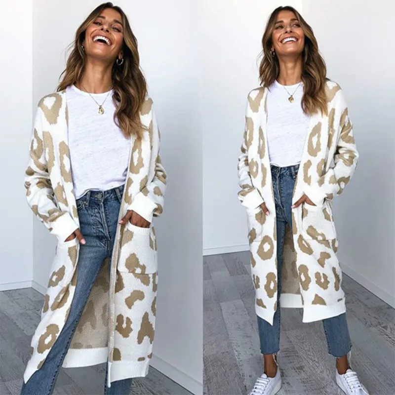 2020 M. Rudenį Naujų Moterų Leopard Laisvalaikio Ins Stiliaus Megzti Ilgas Megztinis Ilgomis Rankovėmis Megztinis, Paltas Moteriška Lady Outwear Paltai