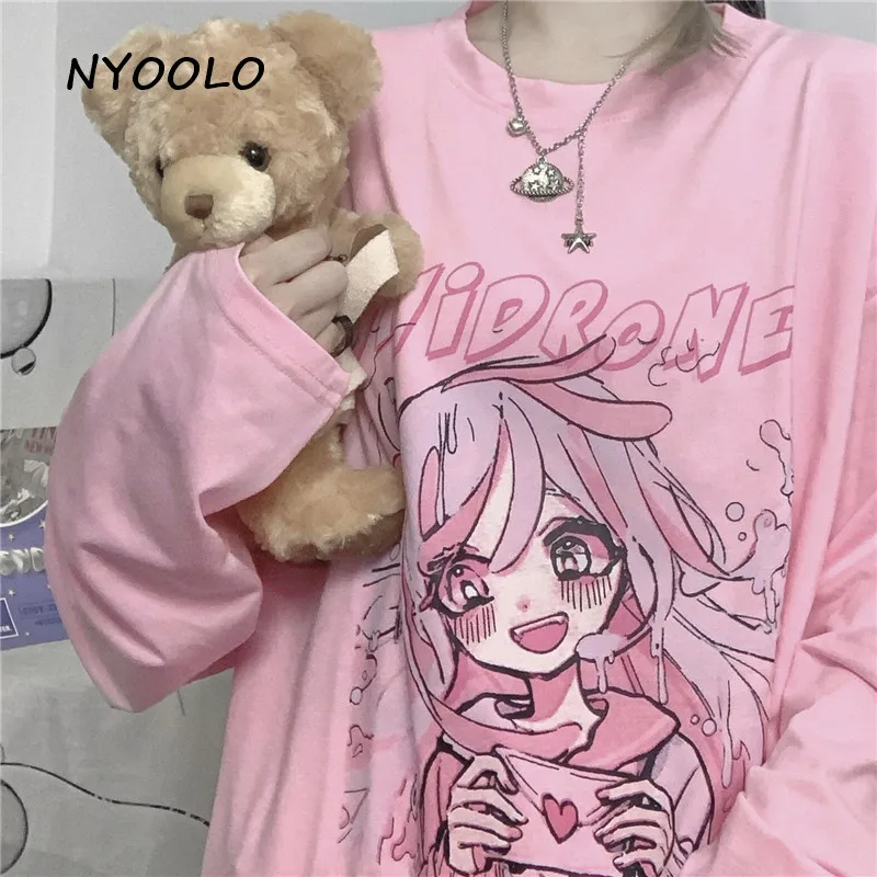 NYOOLO Saldus Animacinių filmų anime patinka mergina ilgomis rankovėmis rožinė t-shirt moterims, Rudenį streetwear O-kaklo puloveriai kawaii mielas viršūnes tee