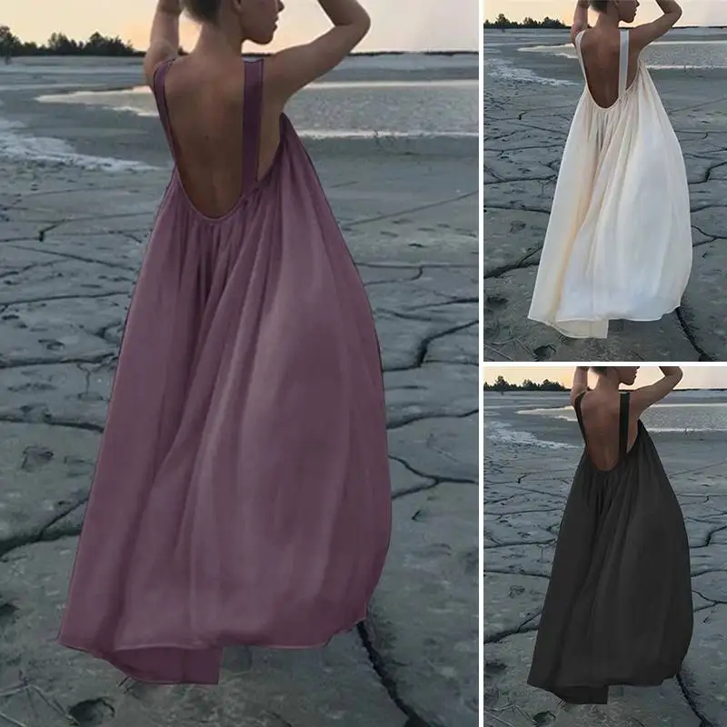 Atsitiktinis Paplūdimio Suknelė Vasaros Moterų Suknelės, ZANZEA Bohemijos Backless Seksualus Spagečiai Dirželiai Ilgai Sundress Kietas Maxi Vestidos S-5XL