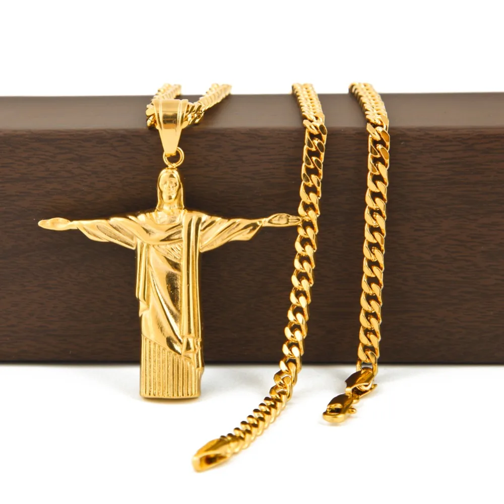 Nerūdijančio Plieno, Aukso, Kristaus Atpirkėjo Kryžiaus Pakabukas Brazilijos Rio De Žaneiro Jėzaus Statula Gabalas Su 5mm Kubos Grandinės Karoliai