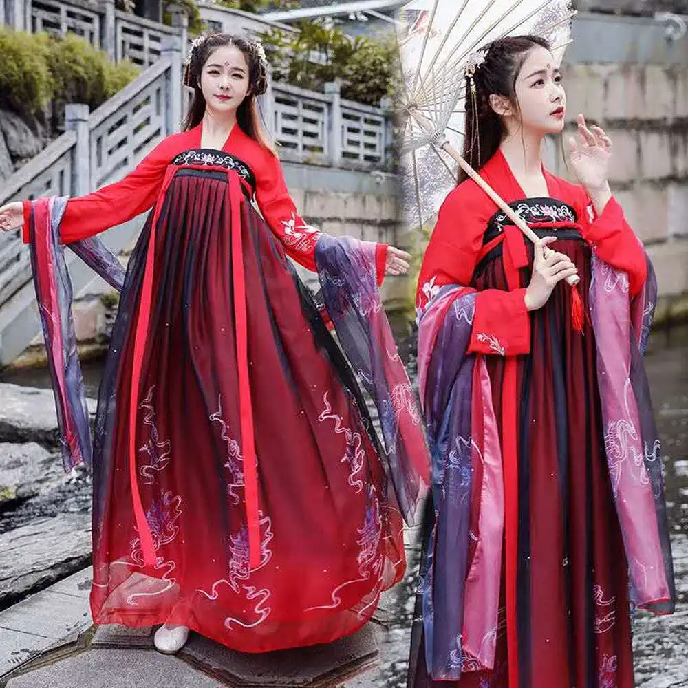 Moterų Hanfu Kostiumai Kinų Stiliaus Dienos Rudens Dress Tradicinio Siuvinėjimo 6 Metrų Big Swing Suknelė Raudona Juoda Hanfu