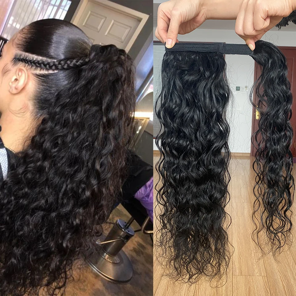 Vandens Banga Wrap Aplink plaukai surišti į uodegą Žmogaus Plaukų Brazilijos Gamtos Banguoti Remy Plaukų Įrašą plaukai surišti į uodegą Plėtiniai Moterų 120g