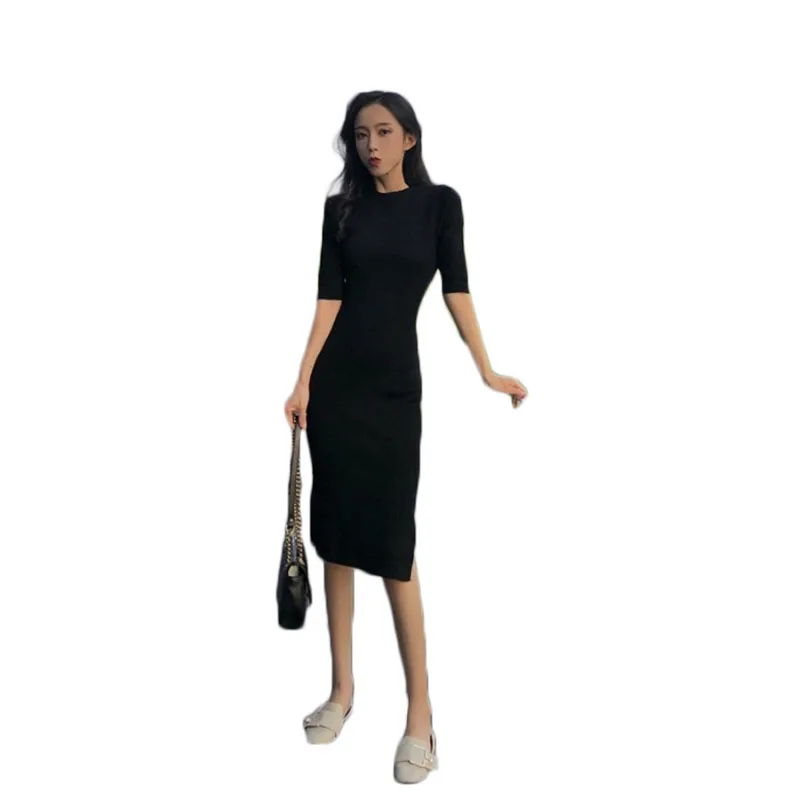 Nauji moteriški retro temperamentas slim lieknėjimo apvalios kaklo dugno megzti padalinta suknelė Office Lady Kelio Ilgis