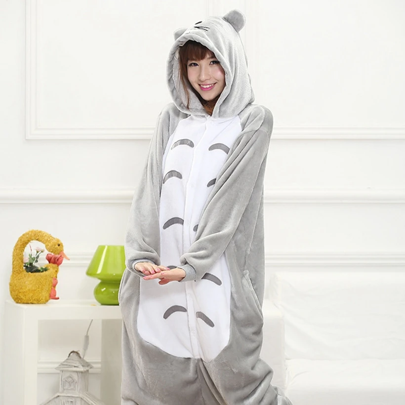Suaugusiųjų Gyvūnų Kigurumi Totoro Pižama Rinkiniai Sleepwear Cosplay Užtrauktukas Onesie Gobtuvu Moterų, Vyrų Žiemos Unisex Animacinių Filmų Pižama