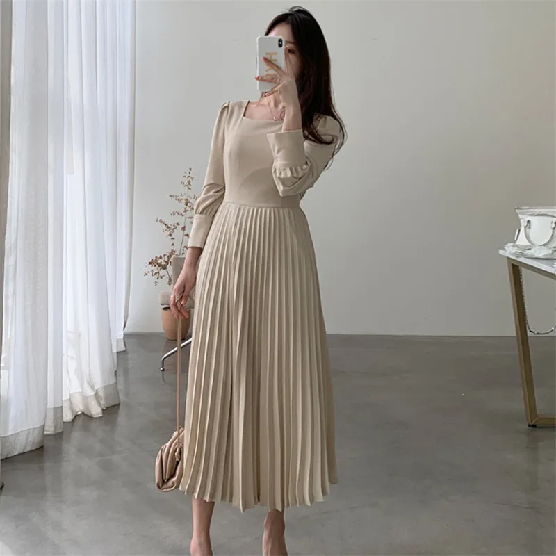 Korėjos Plisuotos Suknelė Moterims Aikštėje Apykaklės Sluoksniuotos Rankovėmis Ilgai Midi Suknelė Aukšto Juosmens Elegantiška Vintage Šalis Suknelė Atsitiktinis Biuro B531