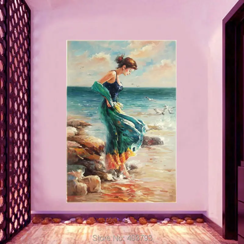 Handpainted Abstraktus Menas Drobė, Aliejus, Tapyba, Paveikslas Moteris Vaikščioti Paplūdimyje, Namų Puošybai Unikali Dovana
