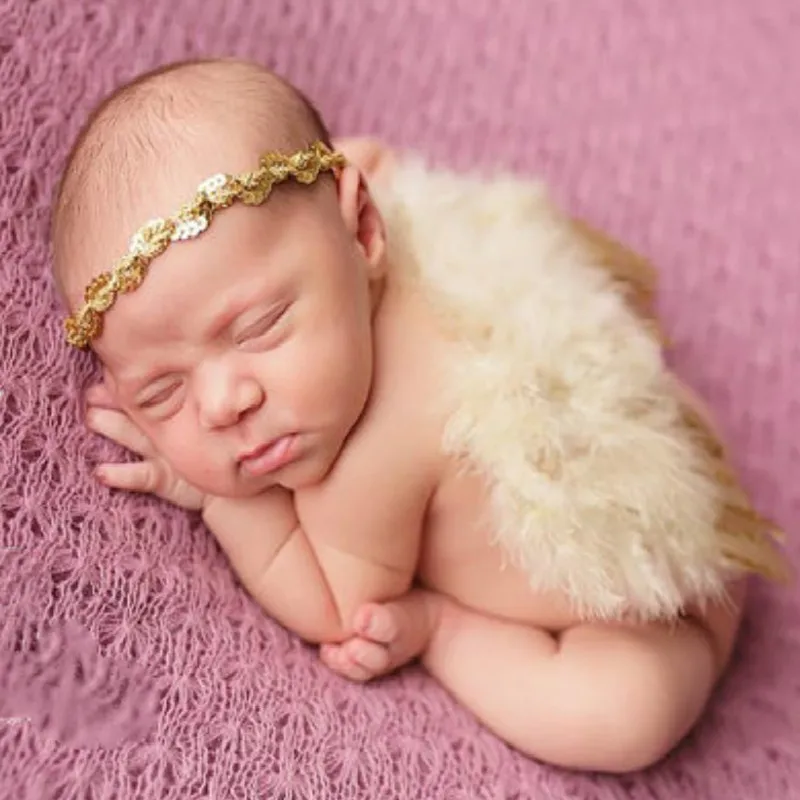 Naujagimio Fotografijos Rekvizitai Kūdikių Mergaičių Balto Aukso Plunksna Angelas Sparnų Kostiumu Nustatyti Crystal Pearl China Kaspinai Foto Prop