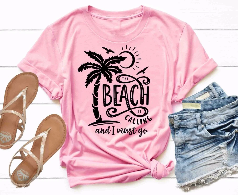 Paplūdimio skambina, ir aš turi eiti marškinėliai camiseta rosa feminina moterų mados grafinis citata derliaus goth grunge tee top - L088