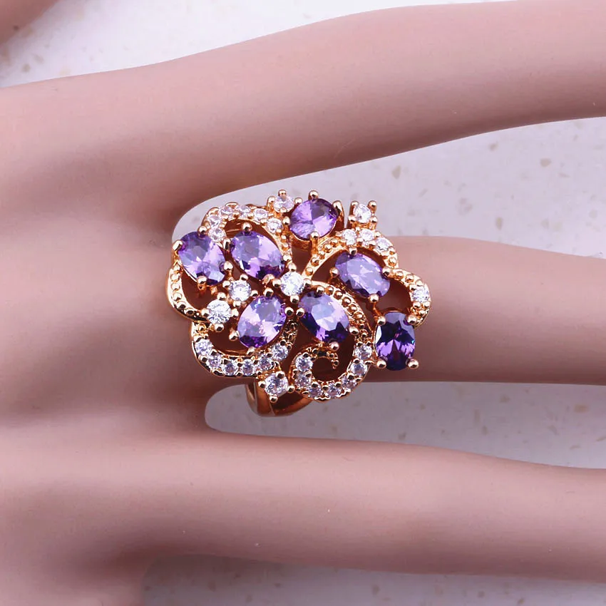 Galantiškas Violetinė Crystal Kubinis Cirkonis Geltona Aukso Spalva Madinga Žiedai Moterų Vestuvės Vestuvinis Mados Juvelyrikos I0008