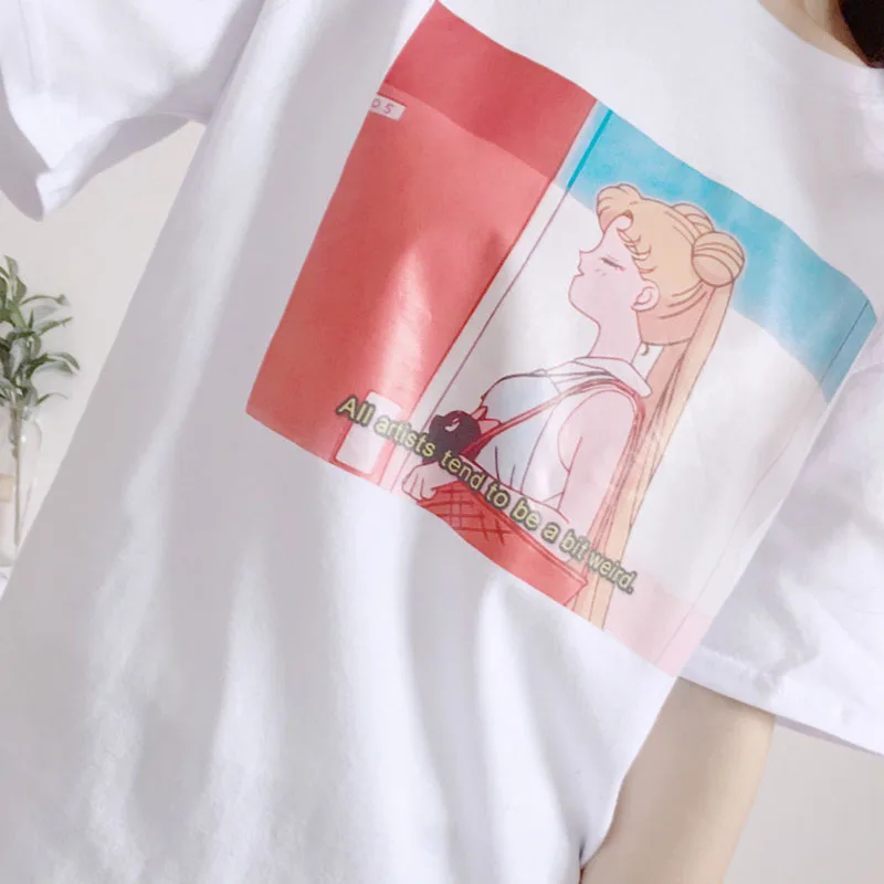Harajuku Kawaii Rausva Balta Marškinėliai Topai Moterys Vasarą 2019 Korėjos Ulzzang Lolita Stiliaus Laisvus Marškinėlius Moksleivė Mielas Drabužių G304