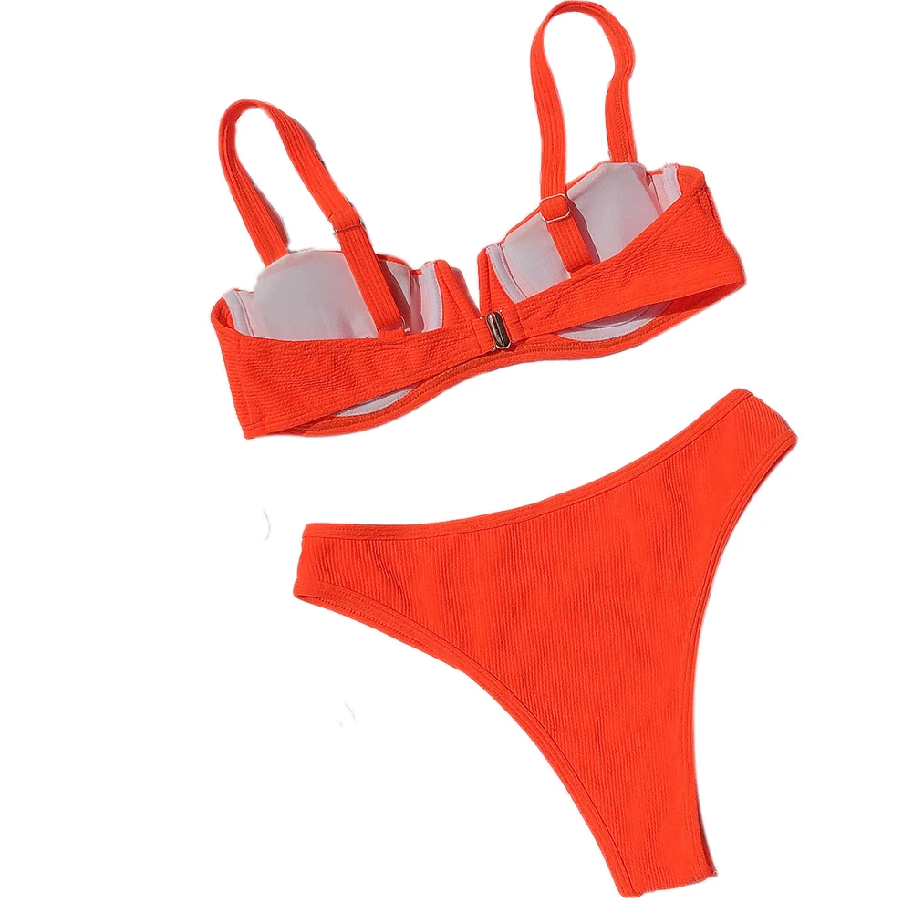 2020 metų Vasaros V Supjaustyti Bikinis Nustatyti, Push-up Paminkštinta Liemenėlė maudymosi kostiumėlį Paplūdimio Seksualus Moterų Bather Neoninės Oranžinės spalvos maudymosi Kostiumėliai, Aukštos Kojos Paplūdimio