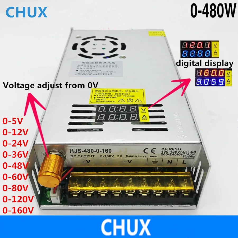 CHUX 480W impulsinis Maitinimo šaltinis Voltag Reguliuoti 0-12V 24V 5V 36V 48V 60V 80V 120V 160V LED Dvigubas Skaitmeninis Ekranas Maitinimo šaltinis