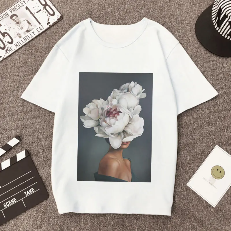 2019 Vintage Mados T-shirt Moterims Seksualus Gėlių, Plunksnų Trumpas Rankovės Grunge Estetika Įėjimo Meno Aliejaus Tapybai Spausdinti Tshirts