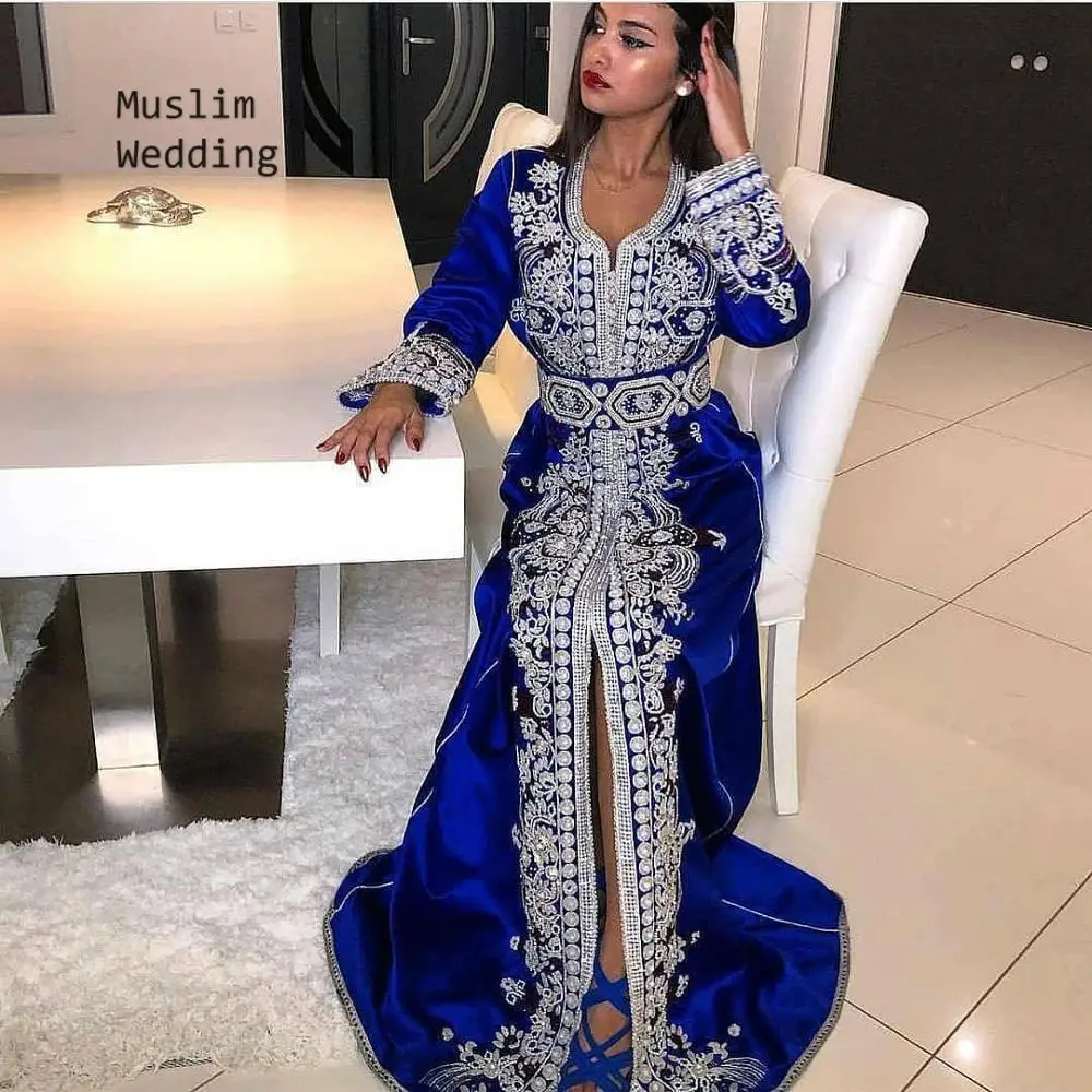 Naujas Atvykimo Royal Blue Ilgas Vakarines Sukneles Kaftan Dubajus Abaja Nėrinių Appliques Vakare Chalatai 2020 Ilgomis Rankovėmis Arabų Prom Dress