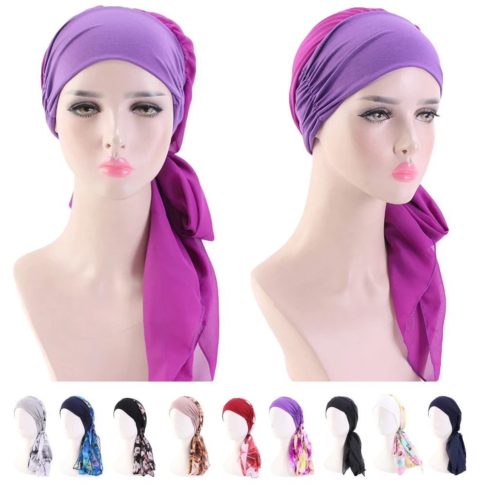 Mados Musulmonų Moterys Hijab Turbaną Spausdinti Šalikas Skarelės Šifono Skarelė Vėžio Chemo Bžūp Skrybėlę, Plaukų Slinkimas, Galvos Dangtelio Wrap Galvos Apdangalai